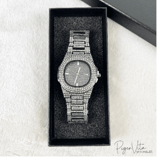 Iced Out Silver and Black Fashion Watch